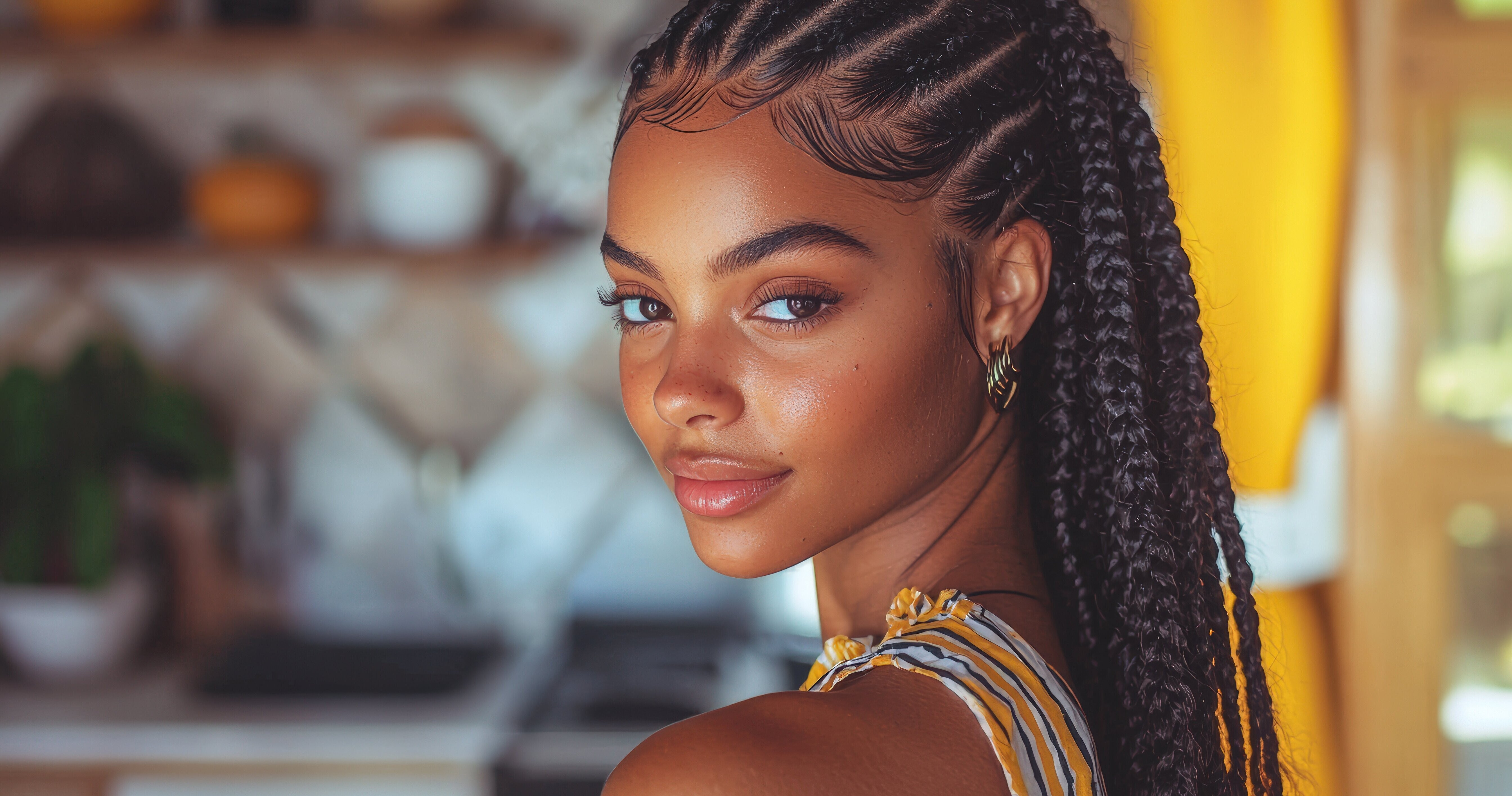 Black woman with protective hairstyle applying edge control in natural light at modern apartment perfect for cultural hair care routine and beauty styling concept. Authentic beauty routine and styling